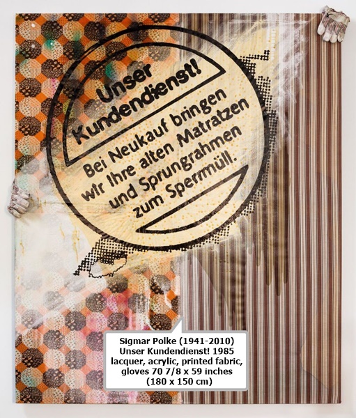 Sigmar Polke (1941-2010)
Unser Kundendienst!
1985
lacquer, acrylic, printed fabric, gloves
70 7/8 x 59 inches
  (180 x 150 cm)