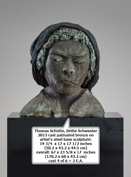 Thomas Schütte
Dritte Schwester
2013
cast patinated bronze on artist's steel base
sculpture: 19 3/4  x 17 x 17 1/2 inches
  (50.2 x 43.2 x 44.5 cm)
overall: 67 x 23 5/8 x 17  inches
  (170.2 x 60 x 43.2 cm)
cast 4 of 6 + 2 E.A.