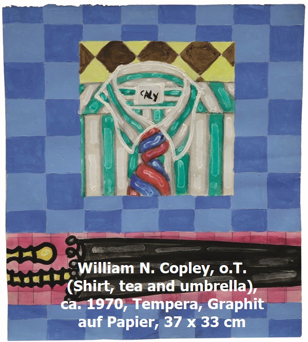 William N. Copley, o.T. (Shirt, tea and umbrella), ca. 1970, Tempera, Graphit auf Papier, 37 x 33 cm