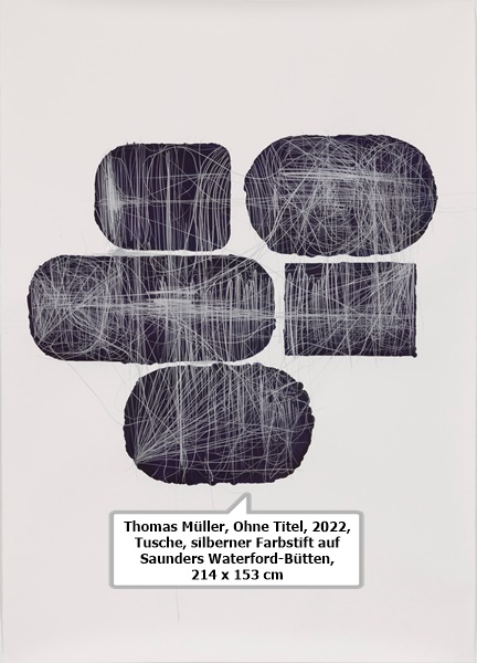 Thomas Müller, Ohne Titel, 2022, Tusche, silberner Farbstift auf Saunders Waterford-Bütten, 214 x 153 cm