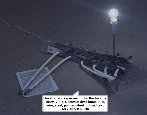 Josef Strau, Paperweight for the Arcadia Diary, 2007, Domestic desk lamp, bulb, wire, steel, painted steel, printed text, 68 x 46.5 x 69 cm