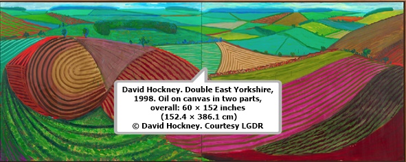 David Hockney. Double East Yorkshire, 1998. Oil on canvas in two parts, overall: 60 × 152 inches (152.4 × 386.1 cm) © David Hockney. Courtesy LGDR