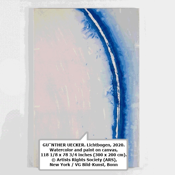 GÜNTHER UECKER. Lichtbogen, 2020. Watercolor and paint on canvas, 118 1⁄8 x 78 3⁄4 inches (300 x 200 cm). © Artists Rights Society (ARS), New York / VG Bild-Kunst, Bonn.