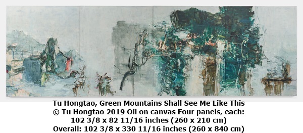 Tu Hongtao, Green Mountains Shall See Me Like This
© Tu Hongtao 2019 Oil on canvas Four panels, each: 
102 3/8 x 82 11/16 inches (260 x 210 cm)
Overall: 102 3/8 x 330 11/16 inches (260 x 840 cm)