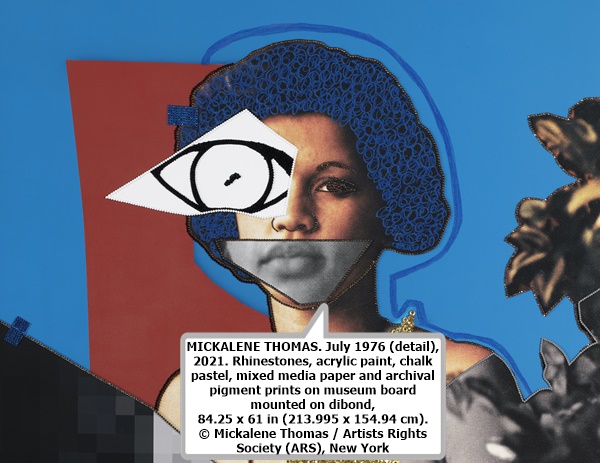 Mickalene Thomas : July 1976 (detail), 2021. Rhinestones, acrylic paint, chalk pastel, mixed media paper and archival pigment prints on museum board mounted on dibond, 84.25 x 61 in (213.995 x 154.94 cm). © Mickalene Thomas / Artists Rights Society (ARS), New York