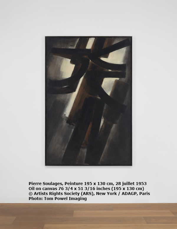 Pierre Soulages 皮耶·蘇拉吉
Peinture 195 x 130 cm, 28 juillet 1953
繪畫195 x 130厘米，1953年7月28日
1953年作
Oil on canvas 油彩 畫布
76 3/4 x 51 3/16 inches 英寸 (195 x 130 cm 厘米)
© Artists Rights Society (ARS), New York / ADAGP, Paris
Photo: Tom Powel Imaging