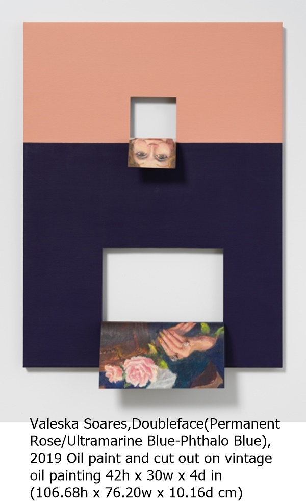 
Valeska Soares,Doubleface(Permanent 
Rose/Ultramarine Blue-Phthalo Blue),
2019 Oil paint and cut out on vintage 
oil painting 42h x 30w x 4d in 
(106.68h x 76.20w x 10.16d cm)
