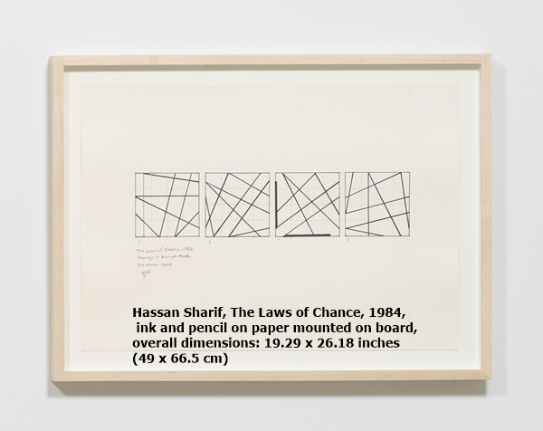 Hassan Sharif, The Laws of Chance, 1984, ink and pencil on paper mounted on board, overall dimensions: 19.29 x 26.18 inches (49 x 66.5 cm)