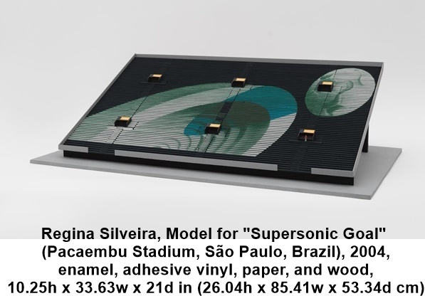 Regina Silveira, Model for Supersonic Goal
 (Pacaembu Stadium, São Paulo, Brazil), 2004,
 enamel, adhesive vinyl, paper, and wood,
 10.25h x 33.63w x 21d in (26.04h x 85.41w x 53.34d cm)