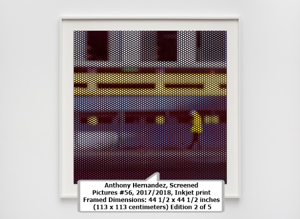 Anthony Hernandez, Screened Pictures #56, 2017/2018, Inkjet print
Framed Dimensions: 44 1/2 x 44 1/2 inches (113 x 113 centimeters)
Edition 2 of 5
