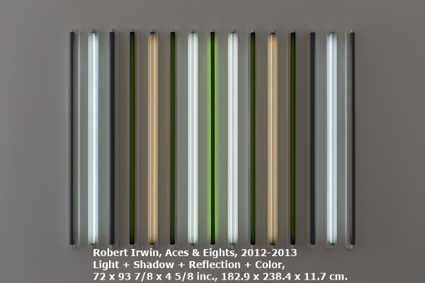 Robert Irwin, Aces & Eights, 2012-2013
Light + Shadow + Reflection + Color, 72 x 93 7/8 x 4 5/8 inches, 182.9 x 238.4 x 11.7 centimeters