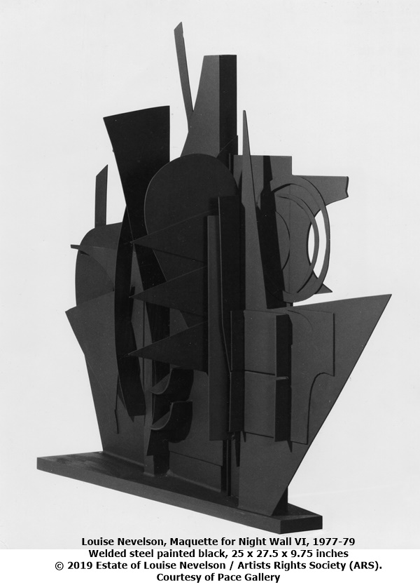 Louise Nevelson, Maquette for Night Wall VI, 1977-79
Welded steel painted black, 25 x 27.5 x 9.75 inches
© 2019 Estate of Louise Nevelson / Artists Rights Society (ARS). Courtesy of Pace Gallery. 