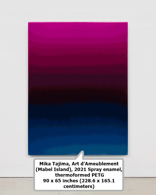 Mika Tajima, Art d'Ameublement 
(Mabel Island), 2021 Spray enamel,
 thermoformed PETG
90 x 65 inches (228.6 x 165.1 
centimeters)