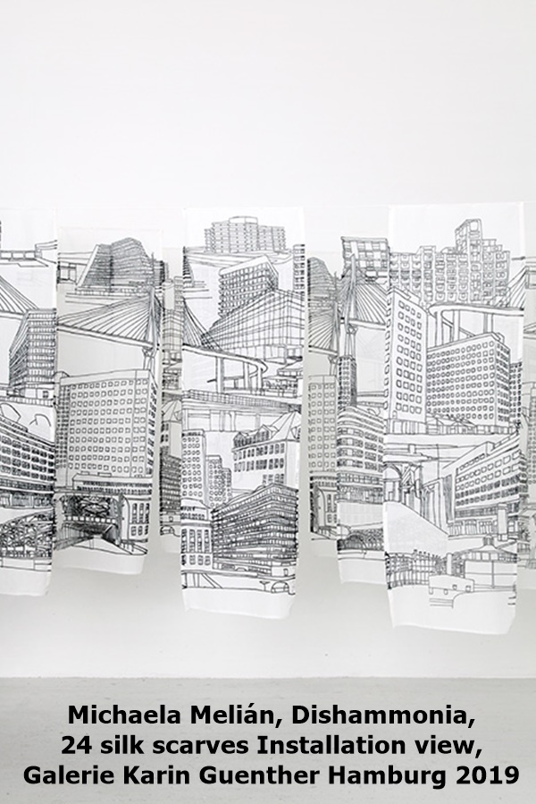 Michaela Melián, Dishammonia, 24 silk scarves
Installation view, Galerie Karin Guenther Hamburg 2019