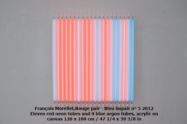 François Morellet,  Rouge pair - Bleu impair n° 5
2012
Eleven red neon tubes and 9 blue argon tubes, acrylic on
canvas
120 x 100 cm / 47 1/4 x 39 3/8 in