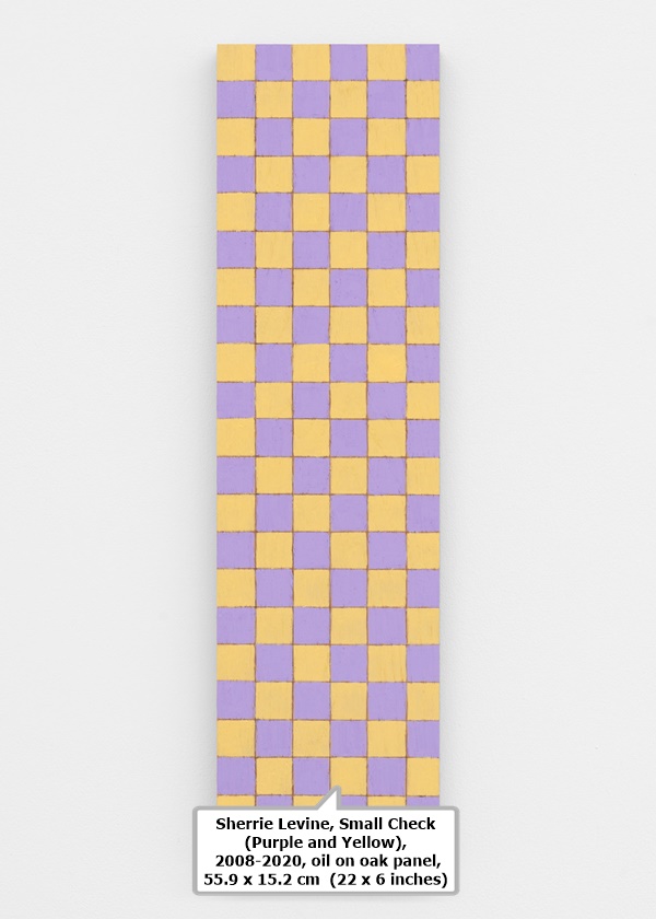 Sherrie Levine, Small Check (Purple and Yellow), 2008-2020, oil on oak panel, 55.9 x 15.2 cm (22 x 6 inches)
