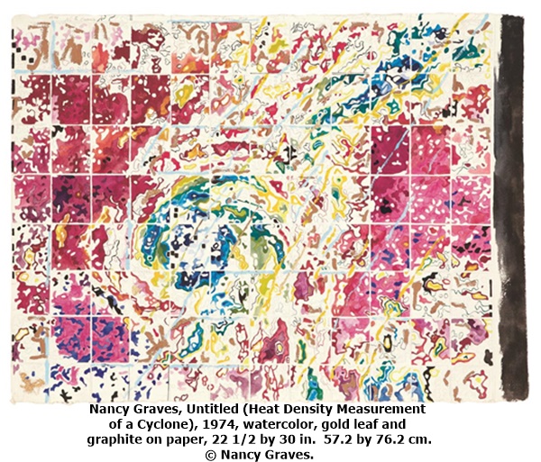 Nancy Graves, Untitled (Heat Density Measurement of a Cyclone), 1974, watercolor, gold leaf and graphite on paper, 22 1/2 by 30 in.  57.2 by 76.2 cm. © Nancy Graves.