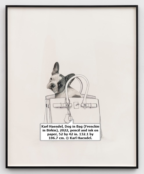 Karl Haendel, Dog in Bag (Frenchie in Birkin), 2022, pencil and ink on paper, 52 by 42 in. 132.1 by 106.7 cm. © Karl Haendel.