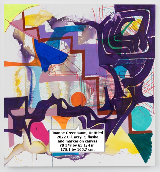 Joanne Greenbaum
Untitled
2022
Oil, acrylic, flashe and marker on canvas
70 1/8 by 65 1/4 in. 178.1 by 165.7 cm.