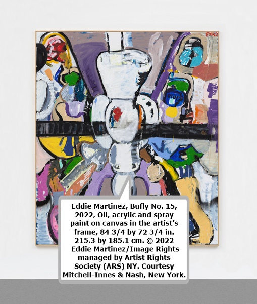 Eddie Martinez, Bufly No. 15, 2022, Oil, acrylic and spray paint on canvas in the artist’s frame, 84 3/4 by 72 3/4 in. 215.3 by 185.1 cm. © 2022 Eddie Martinez/Image Rights managed by Artist Rights Society (ARS) NY. Courtesy Mitchell-Innes & Nash, New York.