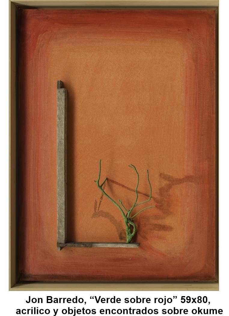 Jon Barredo, “Verde sobre rojo” 59x80, acrílico y objetos encontrados sobre okume