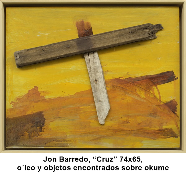Jon Barredo, “Cruz” 74x65, óleo y objetos encontrados sobre okume