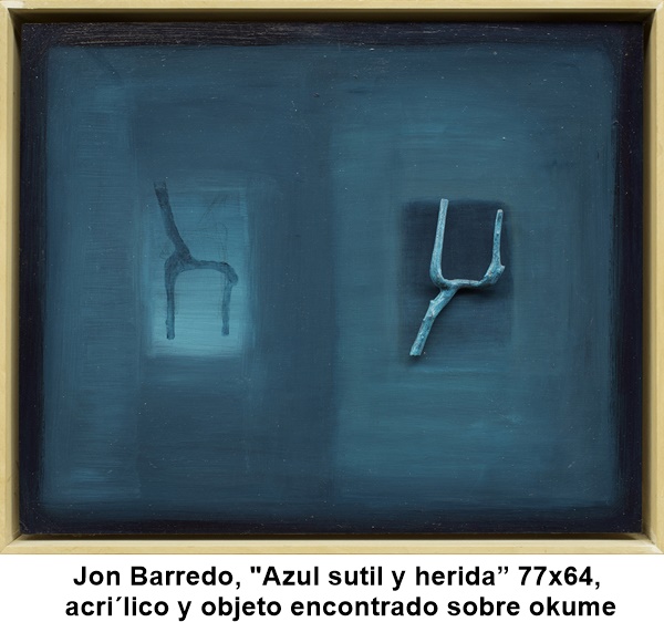 Jon Barredo, “Azul sutil y herida” 77x64, acrílico y objeto encontrado sobre okume