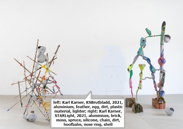 left: Karl Karner, KSBrutbladd, 2021, aluminium, feather, egg, dirt, plastic material, lighter; right: Karl Karner, STARLight, 2021, aluminium, brick, moss, spruce, silicone, chain, dirt, hoofbalm, nose ring, shell