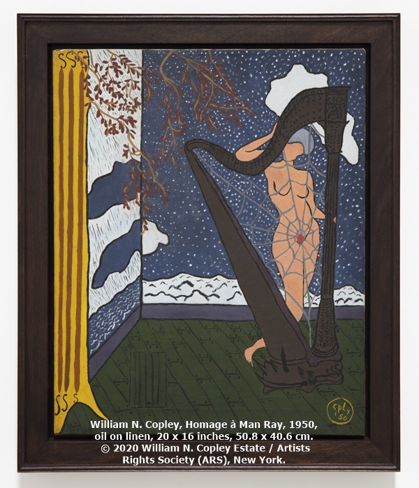 William N. Copley, Homage à Man Ray, 1950, oil on linen, 20 x 16 inches, 50.8 x 40.6 cm. © 2020 William N. Copley Estate / Artists Rights Society (ARS), New York.