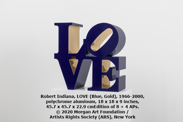 Robert Indiana, LOVE (Blue, Gold), 1966-2000, polychrome aluminum, 18 x 18 x 9 inches, 45.7 x 45.7 x 22.9 cmEdition of 8 + 4 APs. © 2020 Morgan Art Foundation / Artists Rights Society (ARS), New York.