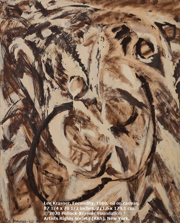Lee Krasner, Fecundity, 1960, oil on canvas, 87 1/4 x 70 1/2 inches, 221.6 x 179.1 cm. © 2020 Pollock-Krasner Foundation / Artists Rights Society (ARS), New York.
