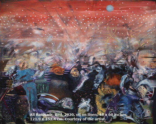 Ali Banisadr, Red, 2020, oil on linen, 48 x 60 inches, 121.9 x 152.4 cm. Courtesy of the artist.