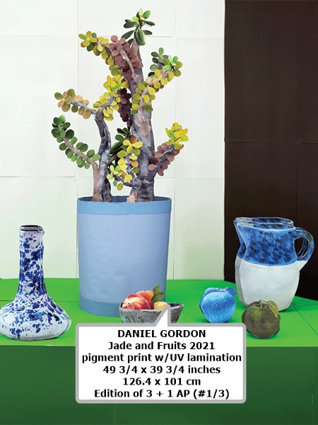 DANIEL GORDON
Jade and Fruits 2021
pigment print w/UV lamination
49 3/4 x 39 3/4 inches
126.4 x 101 cm
Edition of 3 + 1 AP (#1/3)