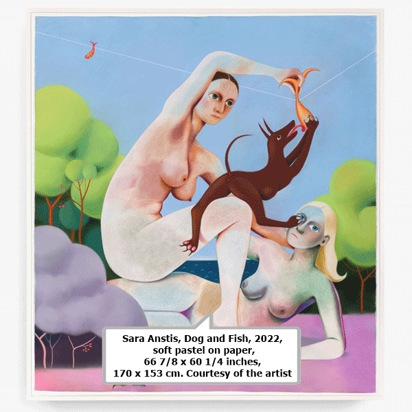 Sara Anstis, Dog and Fish, 2022, soft pastel on paper, 66 7/8 x 60 1/4 inches, 170 x 153 cm. Courtesy of the artist