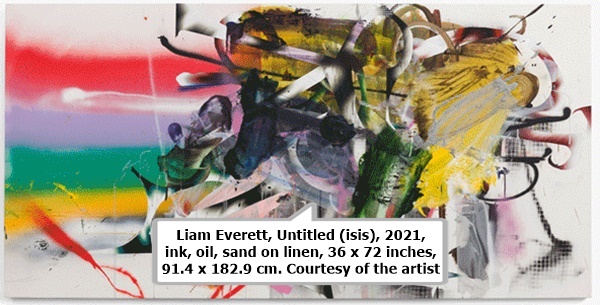 Liam Everett, Untitled (isis), 2021, ink, oil, sand on linen, 36 x 72 inches, 91.4 x 182.9 cm. Courtesy of the artist