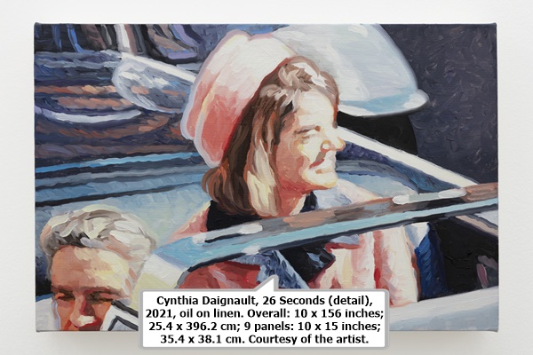 Cynthia Daignault, 26 Seconds (detail), 2021, oil on linen. Overall: 10 x 156 inches; 25.4 x 396.2 cm; 9 panels: 10 x 15 inches; 35.4 x 38.1 cm. Courtesy of the artist.
