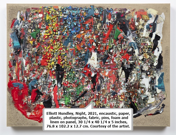 Elliott Hundley, Night, 2021, encaustic, paper, plastic, photographs, fabric, pins, foam and linen on panel, 30 1/4 x 40 1/4 x 5 inches, 76.8 x 102.2 x 12.7 cm. Courtesy of the artist.