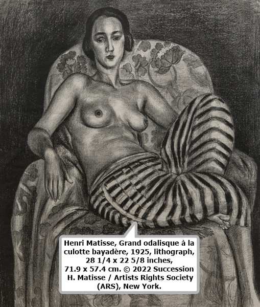 Henri Matisse, Grand odalisque à la culotte bayadère, 1925, lithograph, 28 1/4 x 22 5/8 inches, 71.9 x 57.4 cm. © 2022 Succession H. Matisse / Artists Rights Society (ARS), New York.