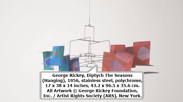George Rickey, Diptych The Seasons (Hanging), 1956, stainless steel, polychrome, 17 x 38 x 14 inches, 43.2 x 96.5 x 35.6 cm. All Artwork © George Rickey Foundation, Inc. / Artist Rights Society (ARS), New York.
