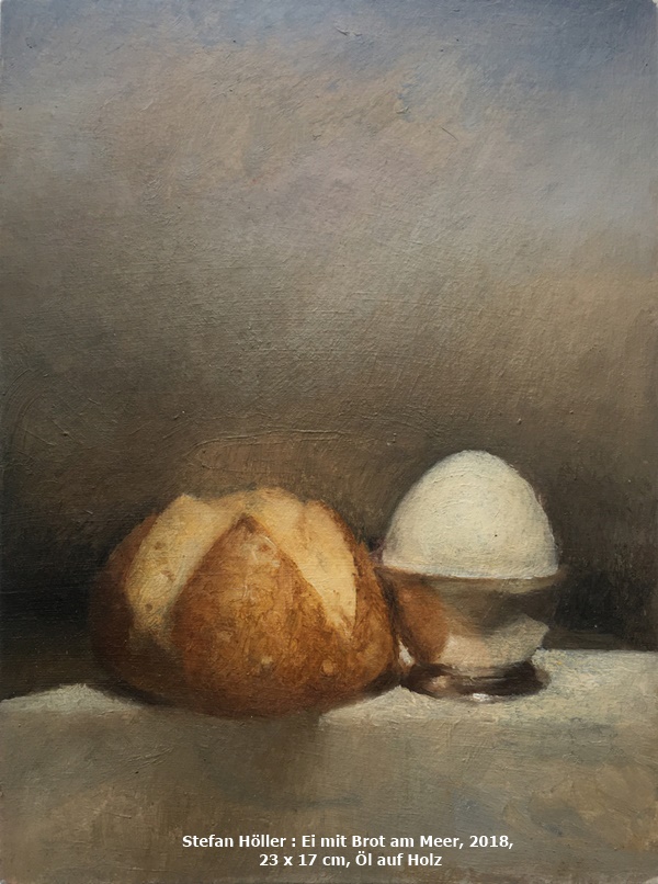 Stefan Höller : Ei mit Brot am Meer, 2018, 23 x 17 cm, Öl auf Holz 