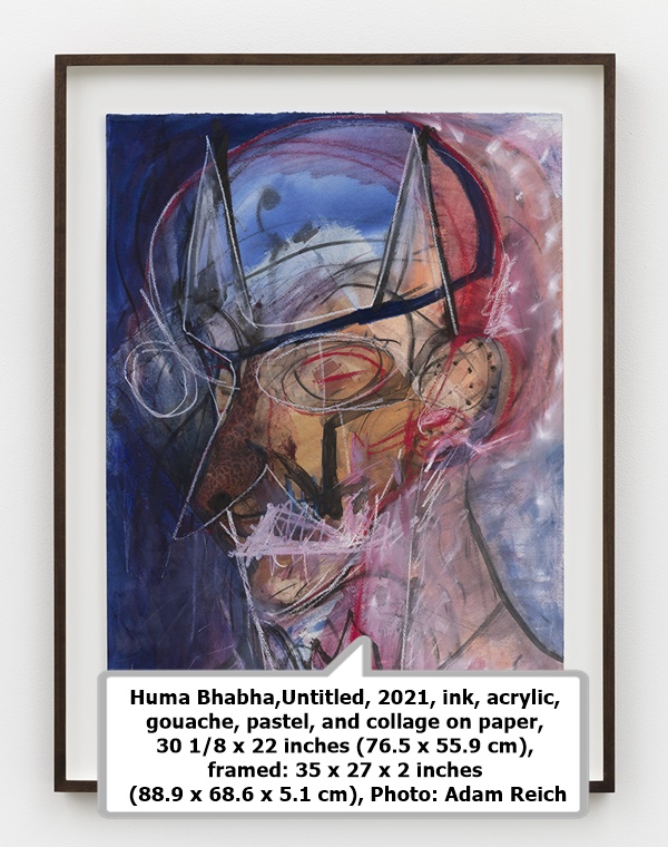 Huma Bhabha,Untitled, 2021, ink, acrylic, gouache, pastel, and collage on paper, 30 1/8 x 22 inches (76.5 x 55.9 cm), framed: 35 x 27 x 2 inches (88.9 x 68.6 x 5.1 cm), Photo: Adam Reich 