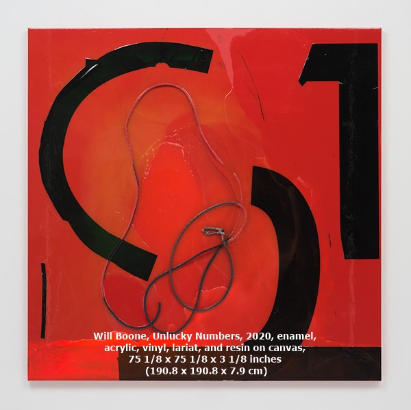 Will Boone, Unlucky Numbers, 2020, enamel, 
acrylic, vinyl, lariat, and resin on canvas, 
75 1/8 x 75 1/8 x 3 1/8 inches
 (190.8 x 190.8 x 7.9 cm)
