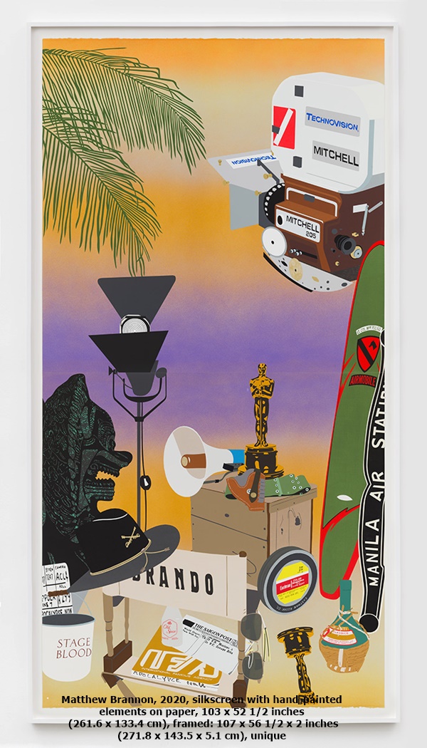 Matthew Brannon, 2020, silkscreen with hand-painted elements on paper, 103 x 52 1/2 inches (261.6 x 133.4 cm), framed: 107 x 56 1/2 x 2 inches (271.8 x 143.5 x 5.1 cm), unique