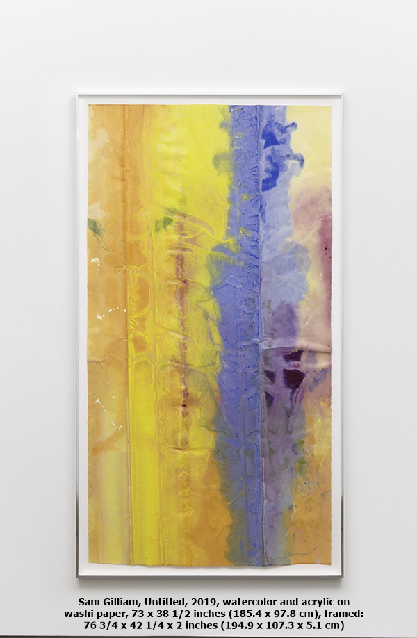 Sam Gilliam, Untitled, 2019, watercolor and acrylic on 
washi paper, 73 x 38 1/2 inches (185.4 x 97.8 cm), 
framed: 76 3/4 x 42 1/4 x 2 inches (194.9 x 107.3 x 5.1 cm)