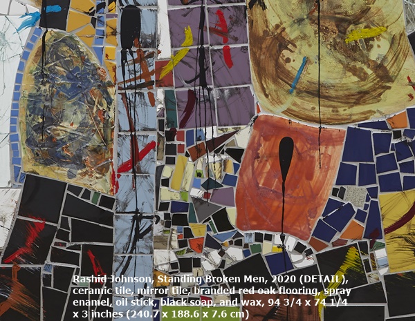 Rashid Johnson, Standing Broken Men, 2020 (DETAIL), ceramic tile, mirror tile, branded red oak flooring, spray enamel, oil stick, black soap, and wax, 94 3/4 x 74 1/4 x 3 inches (240.7 x 188.6 x 7.6 cm)