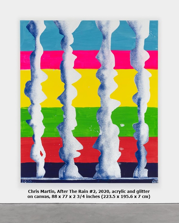 Chris Martin, After The Rain #2, 2020, acrylic and glitter on canvas, 88 x 77 x 2 3/4 inches (223.5 x 195.6 x 7 cm)