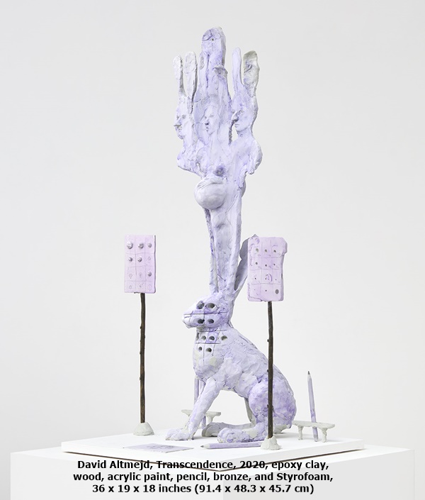 David Altmejd, Transcendence, 2020, epoxy clay, wood, acrylic paint, pencil, bronze, and Styrofoam, 36 x 19 x 18 inches (91.4 x 48.3 x 45.7 cm)