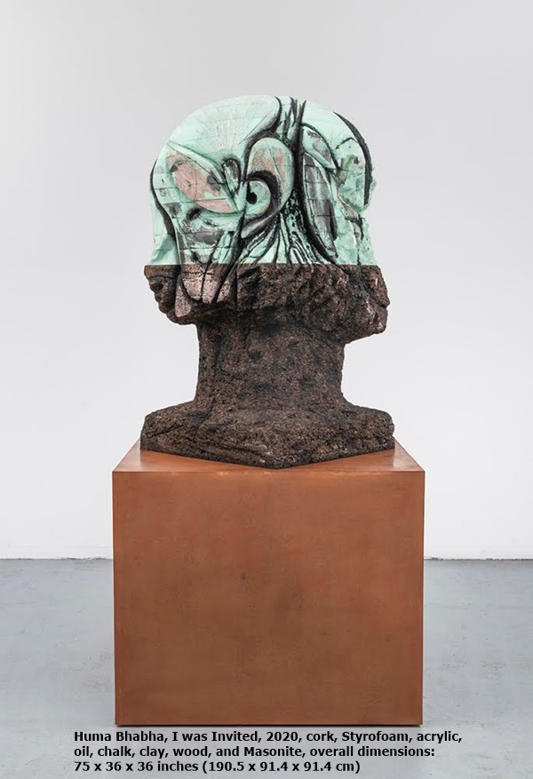 Huma Bhabha, I was Invited, 2020, cork, Styrofoam, acrylic, oil, chalk, clay, wood, and Masonite, overall dimensions: 75 x 36 x 36 inches (190.5 x 91.4 x 91.4 cm)