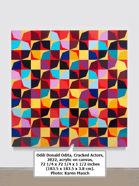 Odili Donald Odita, Cracked Actors, 2022, acrylic on canvas, 72 1/4 x 72 1/4 x 1 1/2 inches (183.5 x 183.5 x 3.8 cm). Photo: Karen Mauch