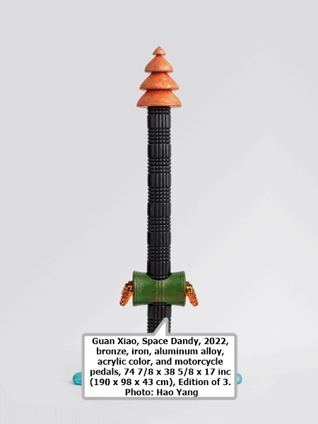 Guan Xiao, Space Dandy, 2022, bronze, iron, aluminum alloy, acrylic color, and motorcycle pedals, 74 7/8 x 38 5/8 x 17 inches (190 x 98 x 43 cm), Edition of 3. Photo: Hao Yang